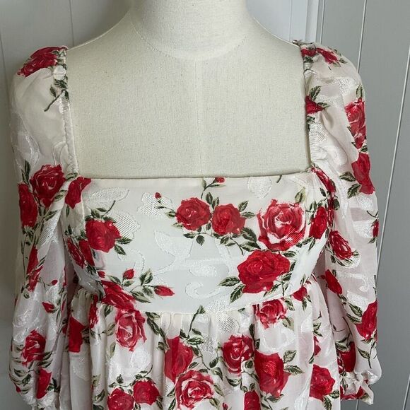 Blue Rain Women XS Square Neck White Red Floral Mini Peasant Dress Balloon Sleev - Picture 2 of 16